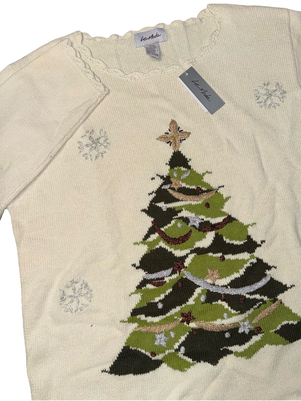 NWT Le Moda Ugly Christmas Tree Sweater Scalloped Neck Cream XXL Holiday